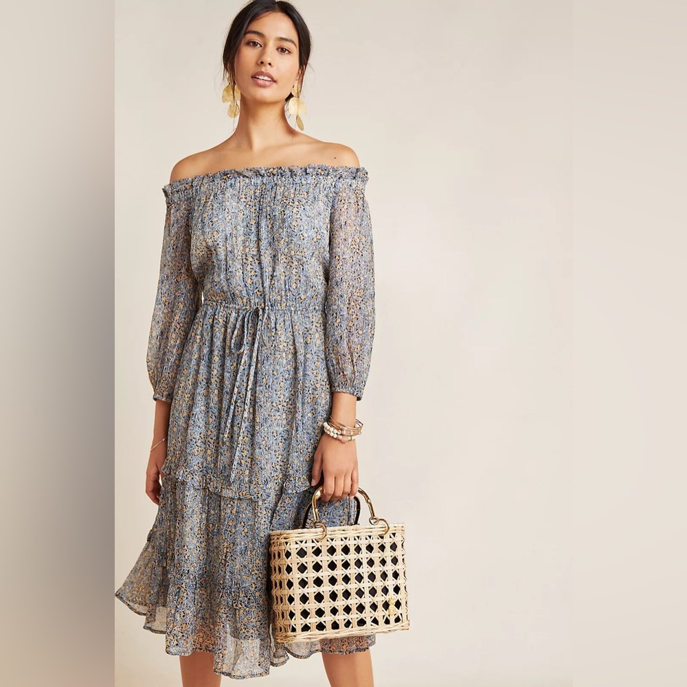Anthropologie Kira Off-the-Shoulder Floral Midi Dress - Blue Boho Size 8